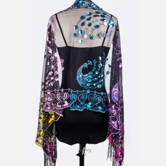 WickedWondersVIPBling.com Accessories - Scarf - Sequins Peacock Fringe Lace Multi